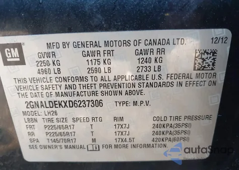 2013 Chevrolet Equinox 1Lt from USA, damaged, VIN 2GNALDEKXD6237306